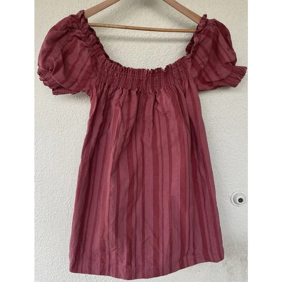 Free People Moana Stripe Puff Sleeve Mini Dress Medium Babydoll Square Neck - Picture 2 of 7